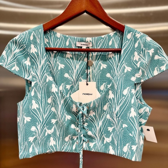 NWT Miaou Arielle Lace Up front Cropped Top in teal / white brand new crop - Picture 15 of 15